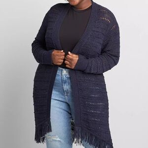 Lane Bryant Open Knit Fringe Cardigan Navy Blue Longline Sweater – Women’s 18/20